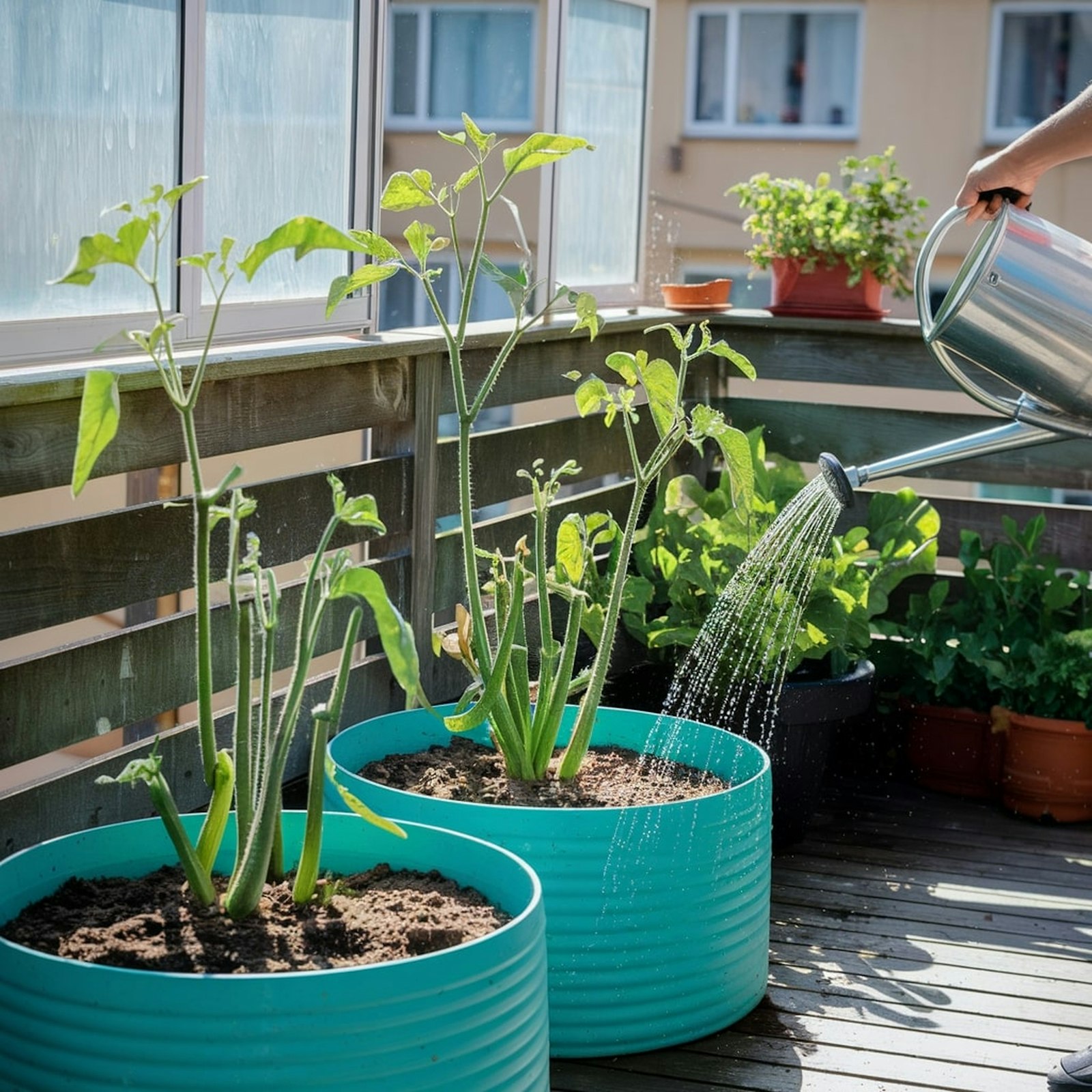 Eine Gießkanne gießt Pflanzen in türkisfarbenen Kübeln auf einem Balkon